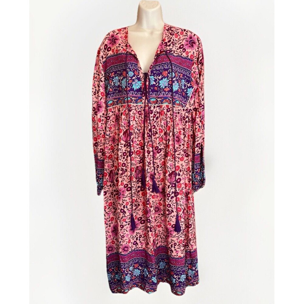 NWT R Vioimas Boho Puff Longsleeve Floral Print Maxi Dress Womens L Pink Purple